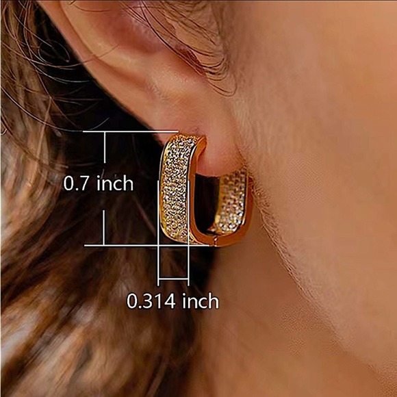 Gold Plated Zircon Diamond Pave Square Hoop Minimalist Earrings - Picture 3 of 3